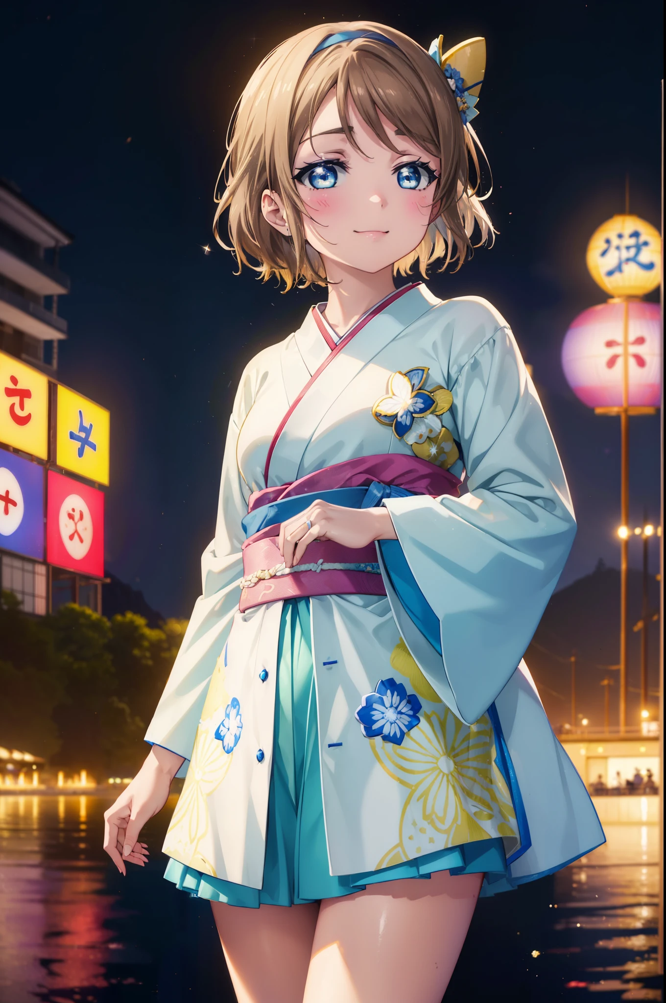 Yowatanabe, Watanabe Yo, short hair, blue eyes, brown hair, blush,Blue headband,happy smile, smile, Open your mouth,Blue Kimono,White tabi sandals,日本のfestival,夏festivalの屋台、Red lantern,Fireworks display,night,moonlight,
break outdoors, festival,
break looking at viewer, (Cowboy Shot:1.5),
break (masterpiece:1.2), highest quality, High resolution, unity 8k wallpaper, (figure:0.8), (Beautiful fine details:1.6), Highly detailed face, Perfect lighting, Highly detailed CG, (Perfect hands, Perfect Anatomy),