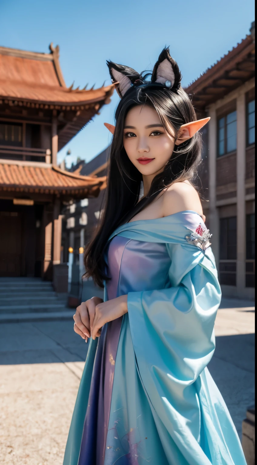 A woman in a dress is walking in front of a building, wlop 和 ross tran, ross tran 和 wlop, Ross Tran 8K, WLOP Art, Complicated, Beautiful fantasy art, The Art of wlop, Epic and beautiful character art, Beautiful elf in gorgeous robes, WLOP's style, High quality fantasy art, Amazing fantasy art black hair, hair bobbles, wince, longeyelashes, solid circle eyes, fake animal ears, light smile, ear blush, fang, Surrealism, drop shadow, anaglyph, stereogram, tachi-e, pov, atmospheric perspective, 8k, super detail, ccurate, best quality