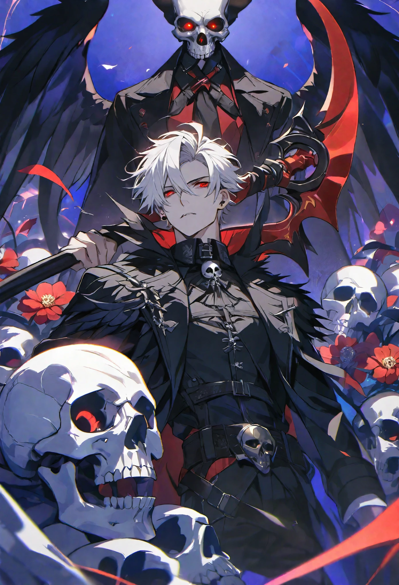 solo, handsome, 1 male, black coat, short hair, white hair, red eyes, black light, black wings, red scythe, red flower, skull