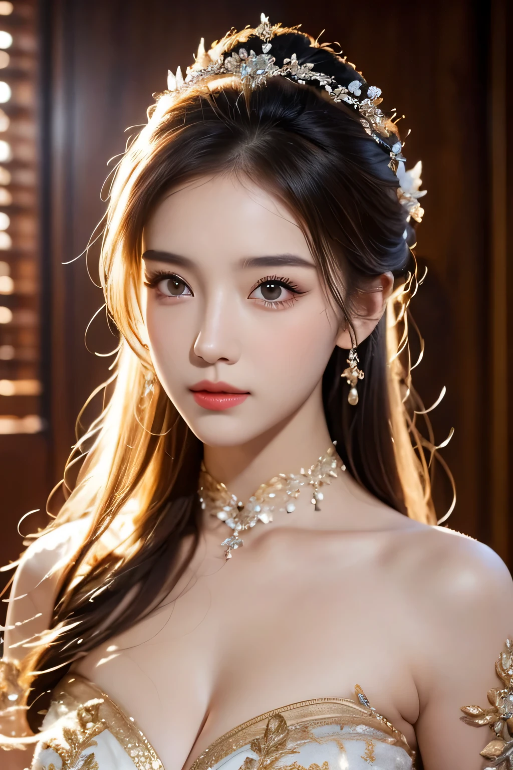 High-quality work,Realistic works,Super premium graphics,8K HD CG works,high quality graphics,High-definition and exquisite CG works,10x pixels,Ultra-fine details:1.1,Advanced technical details:1.1Realistic photo effects,Interior lighting effects:1.5,natural soft light:1.5. Light effect(Virtual light effects:1.8),ultra high resolution,shining dress,sliver long hair,silber hair,transparenthair,high detailed hair(Quality hair details:1.1)Clear eyes,Double eyelids look good,Sharp eye makeup, Create exquisite eyelash makeup, tthin eyebrows, Ultra-detailed eyes,a tall nose, lovely red lips, rosey cheeks, With delicate makeup on her face , pretty face, The face shape is perfectly proportioned,(Advanced facial details:1.1)Close-up of a woman in a platinum gold dress, chengwei pan on artstation, by Yang J, detailed fantasy art, stunning character art, fanart best artstation, epic exquisite character art, beautiful armor, extremely detailed artgerm, detailed digital anime art, artgerm on artstation pixiv, armor girl,Women's artwork,Dress full body video,Realism,Amazing Cleavage,My eyes are very bright today