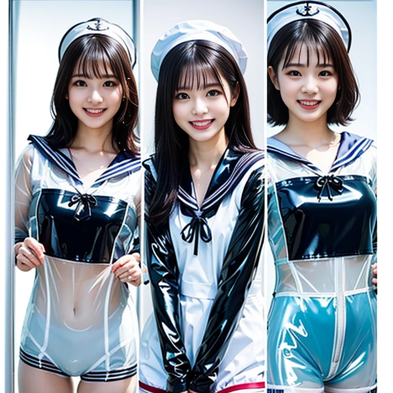 A young and beautiful woman、very beautiful、Top Idol、Euphoric look、smile、sweating、Dance hard、Hair is moving、((Tight transparent latex sailor suit:1.45))、(ribbon、Sailor Hat)、(The concert stage)、Spotlight、View your viewers、