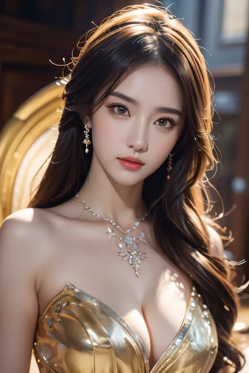 High-quality work，Realistic works，Super premium graphics，8K HD CG works，high quality graphics，High-definition and exquisite CG works，10x pixels，Ultra-fine details：1.1，Advanced technical details：1.1Realistic photo effects，Interior lighting effects：1.5，natural soft light：1.5. Light effect（Virtual light effects：1.8），ultra high resolution，shining dress，sliver long hair，silber hair，transparenthair，high detailed hair（Quality hair details：1.1）Clear eyes，Double eyelids look good，Sharp eye makeup, Create exquisite eyelash makeup, tthin eyebrows, Ultra-detailed eyes，a tall nose, lovely red lips, rosey cheeks, With delicate makeup on her face , pretty face, The face shape is perfectly proportioned,（Advanced facial details：1.1）Close-up of a woman in a platinum gold dress, chengwei pan on artstation, by Yang J, detailed fantasy art, stunning character art, fanart best artstation, epic exquisite character art, beautiful armor, extremely detailed artgerm, detailed digital anime art, artgerm on artstation pixiv, armor girl，Women's artwork，Dress full body video，Realism，Amazing Cleavage，My eyes are very bright today
