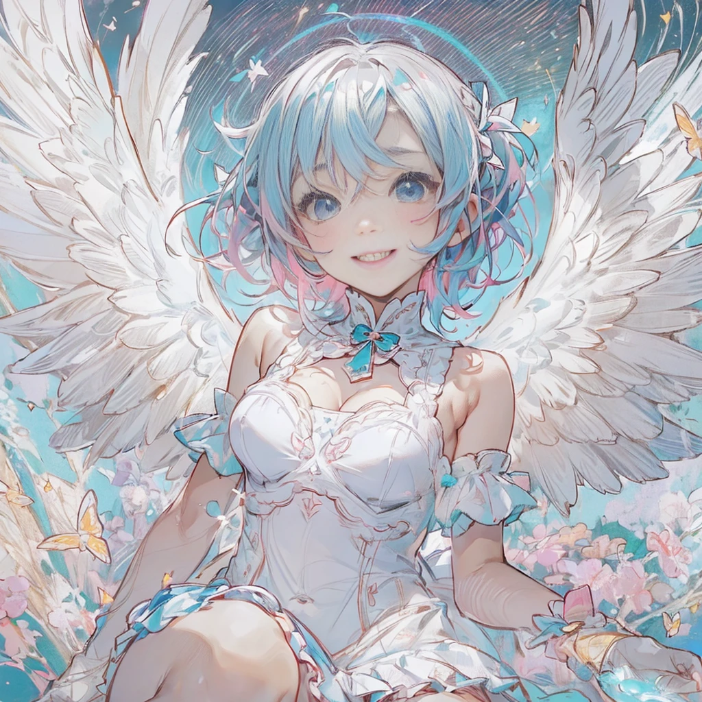 smile、((Cleavage fully exposed))、(((nsfw:1.25))),,(((a very young child:1.44))),(very short hair),(fullbody,(A who is a :1.3),(SF),full body,(1 girl, solo, kawaii, anime:1.25),(lolittle, tiny, masterpiece, angel, angel wings, simple halo:1.23), (aqua hair, long hair, blue eyes, twinkle eyes:1.18), (shiny skin, shiny hair, small breast, blue sky:1.18763), (magical girl costume, bare shoulders, white leotard, micro skirt, frills, flying:1.15763), (blush, smile, multicolored clothes, pastel color:1.1225),(dynamic angle, cinematic lighting, depth of field:1.08), fantasy, happy, solo focus, simple background, (see-through:0.85), BREAK