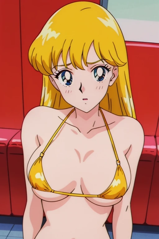 (anime cels style, Masterpiece, best quality, high resolution, anime colored, megami magazine:1.2, anime poster style, anime keyvisual, sharp, 8k, photorealistic), (beautiful eyes:1.5), reiko_aiwaifu, 1woman, milf, blond hair, long hair, (sagging huge breast), micro bikini, cleavage, (upper body:1.5), standing, (perfect detailed anatomy, perfect arms, perfect fingers, beautiful face, perfect body, shiny skin), simple background:1.5, 