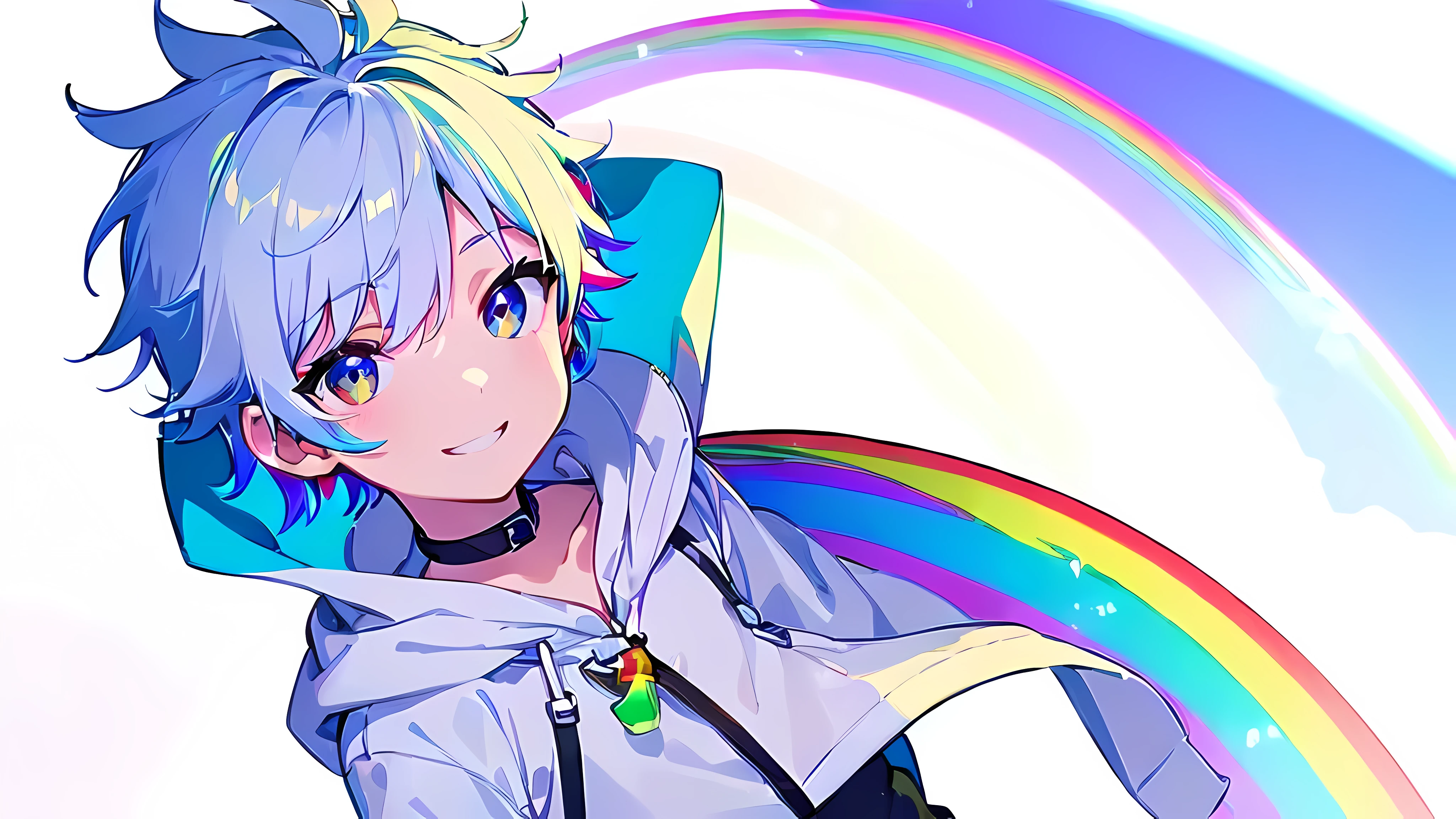 [(WHITE BACKGROUND:1.5)], ((((masterpiece)))), high quality, ultra very high resolution, upper body, large, full color, (((solo))), (((1 little boy))), (white color short hair), ((((rainbow color eye)))), white parka, ((anime style)), smile, (not effect),