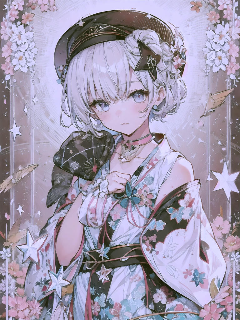 1girl、vtuber-fullbody、Star Fairy、Masterpiece、Official Art、Super detailed、super beautiful、かわいいStar Fairy、white straight short hair、Milky Way、universe、star charm、Star、Baby Face、Knee-high boots、Japanese pattern dress、A beautiful girl wearing black and white clothes that are a remake of a yukata.、universeを思わせるOiranフリルドレス、Oiran