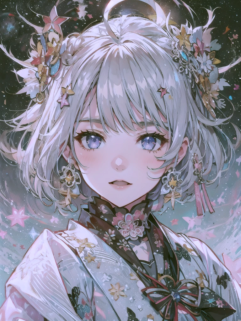 1girl、vtuber-fullbody、Star Fairy、Masterpiece、Official Art、Super detailed、super beautiful、かわいいStar Fairy、white straight short hair、Milky Way、universe、star charm、Star、Baby Face、Knee-high boots、Japanese pattern dress、A beautiful girl wearing black and white clothes that are a remake of a yukata.、universeを思わせるOiranフリルドレス、Oiran