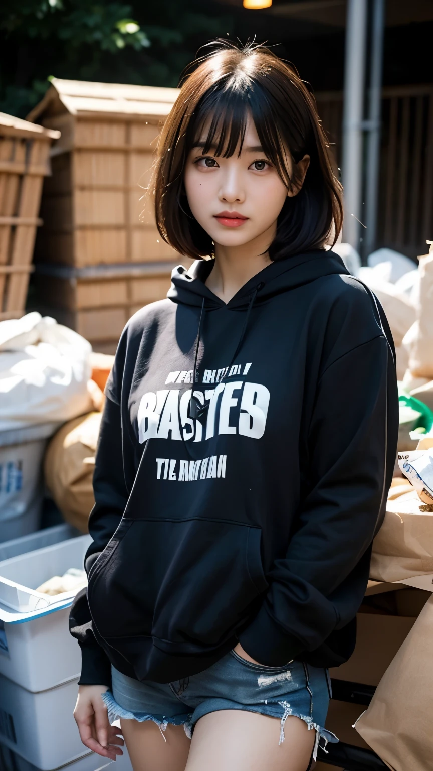 18-year-old,Korean women,(((Facing forward))),(((Frowning,カメラをGlaring))),(Very fine eye), (((Wearing a black hoodie))),((photograph)),((Woman in a trash dump)),(((Fabric Shading))), (((highest quality))), (((masterpiece))) strong girl, ((((Realistic)))), I have a card,Black Hair, chic hairstyle, ((With bangs,Straight medium bob cut, nice hair)), Light makeup,Red eyes, I&#39;m not wearing lipstick,(((Retro-futuristic outfits))), (nice, strong), Strong night atmosphere,  Centered Images, Focus on the camera, Elegant colors,Realistic Skin,Realistic texture,８k,whole body,Pale skin, (((Dirty garbage dump))),A huge amount of trash,Red iris,Expressionless,Glaring,Perfect Face,(((Big eyes))),幅の広いBlack pantsを履いています,Mouth closed, portrait of aespaのウィンター,She is wearing black streetwear, Woman in black streetwear, 黒いハイテクな服を着た女性のphotograph, Girl wearing black hoodie, Cyberpunk Streetwear, Cyberpunk Streetwear street fashion e-girl,hiphop fashon,Black pants