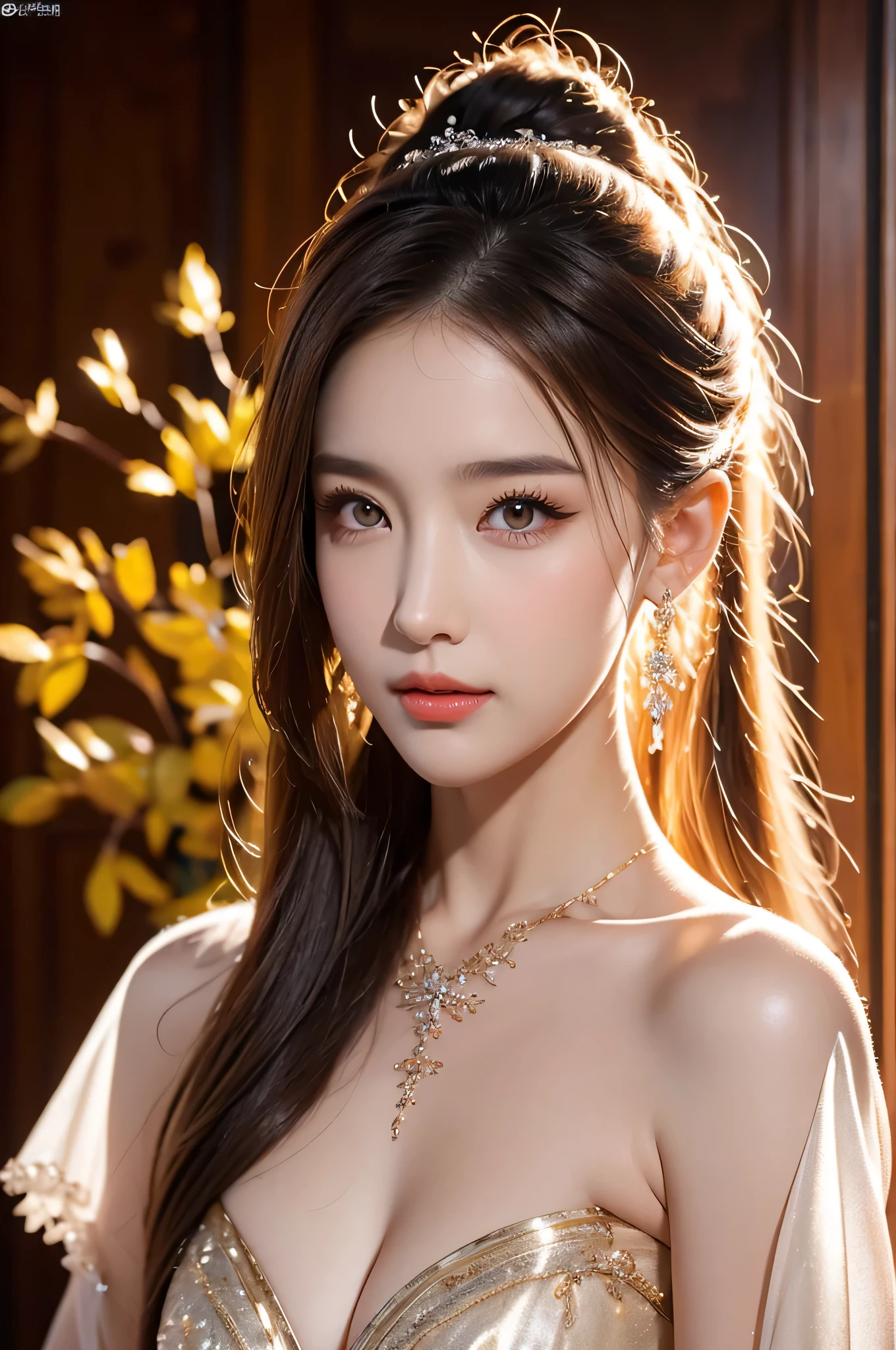 High-quality work,Realistic works,Super premium graphics,8K HD CG works,high quality graphics,High-definition and exquisite CG works,10x pixels,Ultra-fine details:1.1,Advanced technical details:1.1Realistic photo effects,Interior lighting effects:1.5,natural soft light:1.5. Light effect(Virtual light effects:1.8),ultra high resolution,shining dress,sliver long hair,silber hair,transparenthair,high detailed hair(Quality hair details:1.1)Clear eyes,Double eyelids look good,Sharp eye makeup, Create exquisite eyelash makeup, tthin eyebrows, Ultra-detailed eyes,a tall nose, lovely red lips, rosey cheeks, With delicate makeup on her face , pretty face, The face shape is perfectly proportioned,(Advanced facial details:1.1)Close-up of a woman in a platinum gold dress, chengwei pan on artstation, by Yang J, detailed fantasy art, stunning character art, fanart best artstation, epic exquisite character art, beautiful armor, extremely detailed artgerm, detailed digital anime art, artgerm on artstation pixiv, armor girl,Women's artwork,Dress full body video,Realism,Amazing Cleavage,My eyes are very bright today