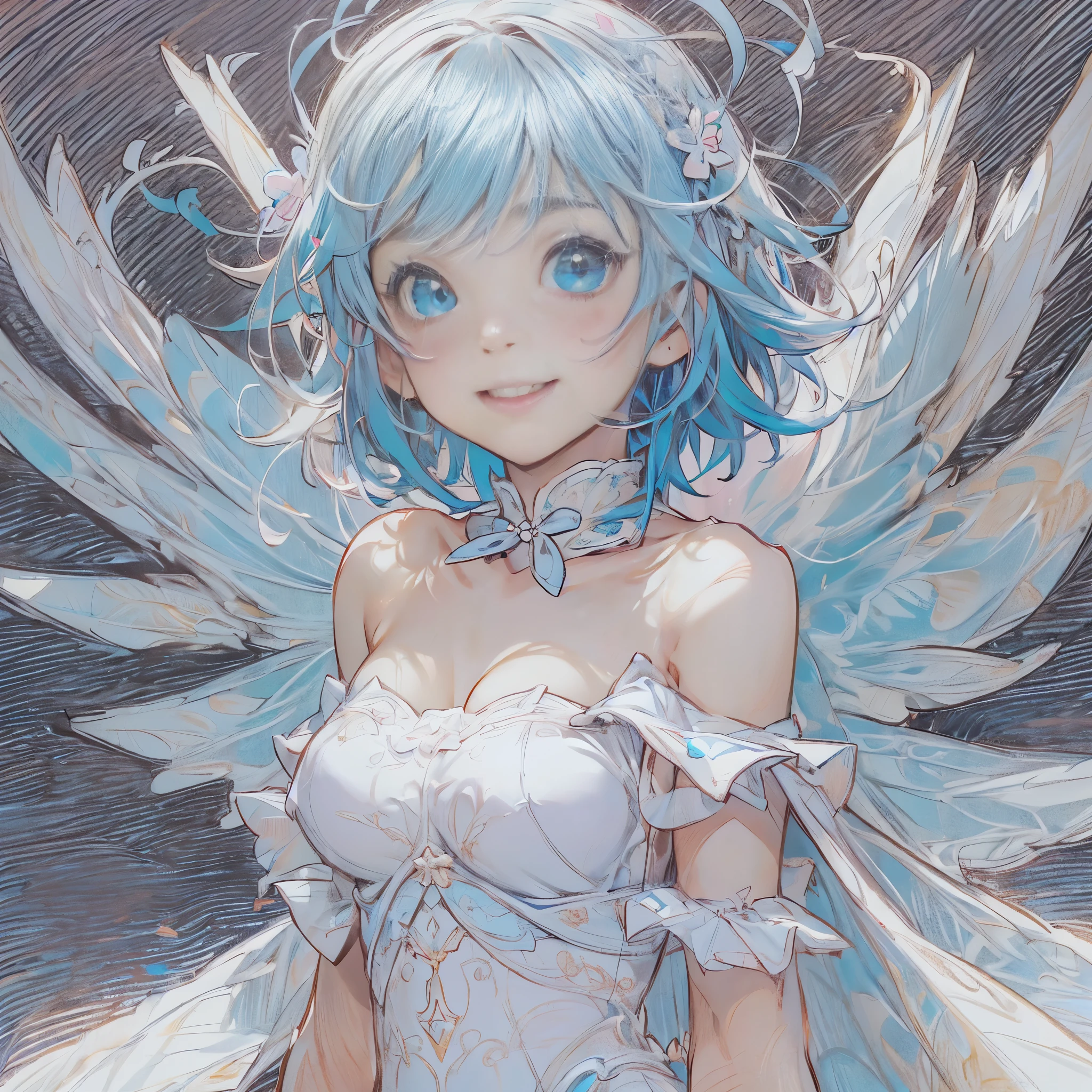 smile、((Cleavage fully exposed))、(((nsfw:1.25))),,(((a very young child:1.44))),(very short hair),(fullbody,(A who is a loli:1.3),(SF),full body,(1 girl, solo, kawaii, anime:1.25),(loli, little, tiny, masterpiece, angel, angel wings, simple halo:1.23), (aqua hair, long hair, blue eyes, twinkle eyes:1.18), (shiny skin, shiny hair, small breast, blue sky:1.18763), (magical girl costume, bare shoulders, white leotard, micro skirt, frills, flying:1.15763), (blush, smile, multicolored clothes, pastel color:1.1225),(dynamic angle, cinematic lighting, depth of field:1.08), fantasy, happy, solo focus, simple background, (see-through:0.85), BREAK