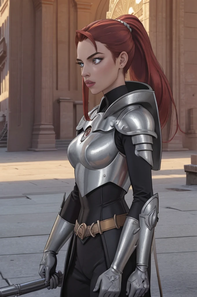 (8K, best quality:1.2), (masterpiece:1.37), (photo, photorealistic:1.37), (ultrahigh-res), full body, walking pose, shot from front, slow motion, female paladin wearing the full body, (light silver armour:1.2),(ornately decorated armor), (insanely detailed, bloom:1.5), (highest quality, Alessandro Casagrande, Greg Rutkowski, Sally Mann, concept art, 4k), (analog:1.2), (high sharpness), (detailed pupils:1.1), detailed face and eyes, Masterpiece, best quality, (highly detailed photo:1.1), (long red Hair, ponytail,ecstatic:1.1), (young woman:1.1), sharp, (perfect body:1.1), realistic, real shadow, 3d, (temple background:1.2), (by Michelangelo), photographed by Canan EOS R6, 135mm, 1/1250s, f/2.8, ISO 400, red hair, lovely lips, black armor metal shine