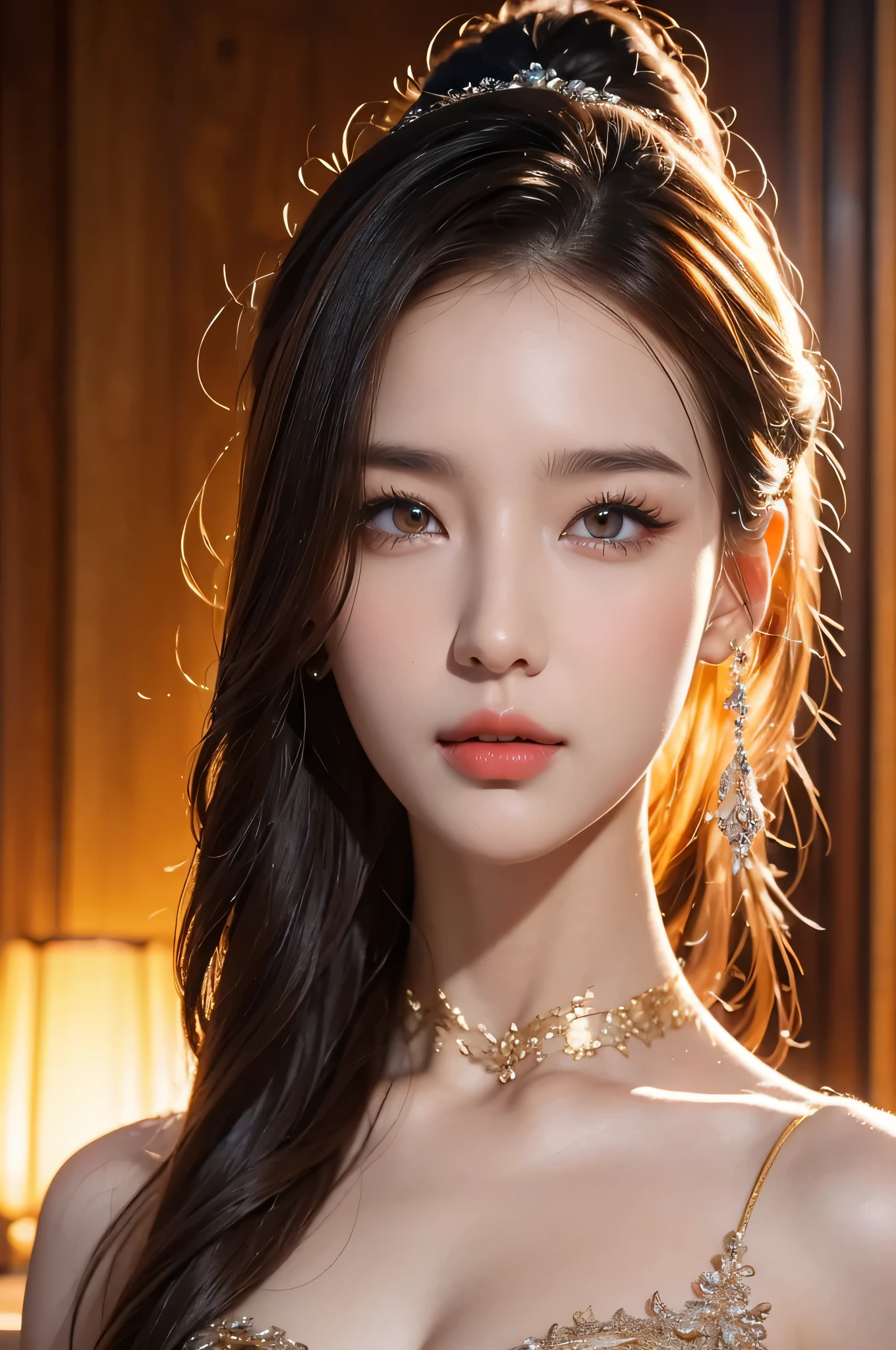 best qualityer, work of art, high resolution, 1 girl,chinese dress,hair ornament,necklase, jewerly,beautiful  face,about_cos, Tyndall effect,photorrealistic, dark studio, rim lighting, Two-tone lighting,(highly detailed skin:1.2), 8K uhd, dslr, soft lighting, high qualiy, volumetric lighting, Candid, fot, high resolution, 4K, 8K, bokeh