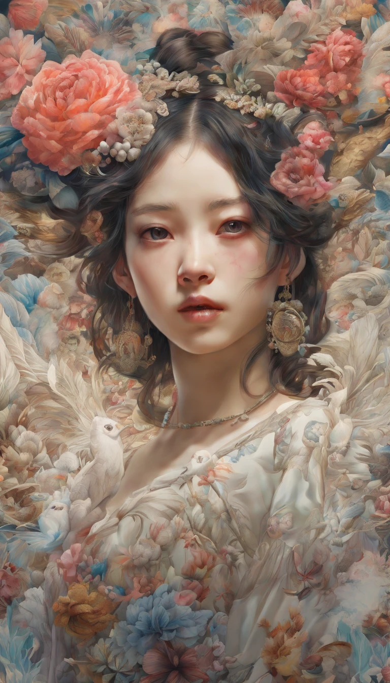 official art, unity 8k wallpaper, ultra detailed, beautiful and aesthetic, masterpiece, best quality, chinese style, (zentangle, mandala, tangle, entangle), ecstasy of flower, 1girl, extremely detailed, dynamic angle, cowboyshot, the most beautiful form of chaos, elegant, a brutalist designed, vivid colours, romanticism, by james jean, roby dwi antono, ross tran, francis bacon, michal mraz, adrian ghenie, petra cortright, gerhard richter, takato yamamoto, ashley wood, atmospheric