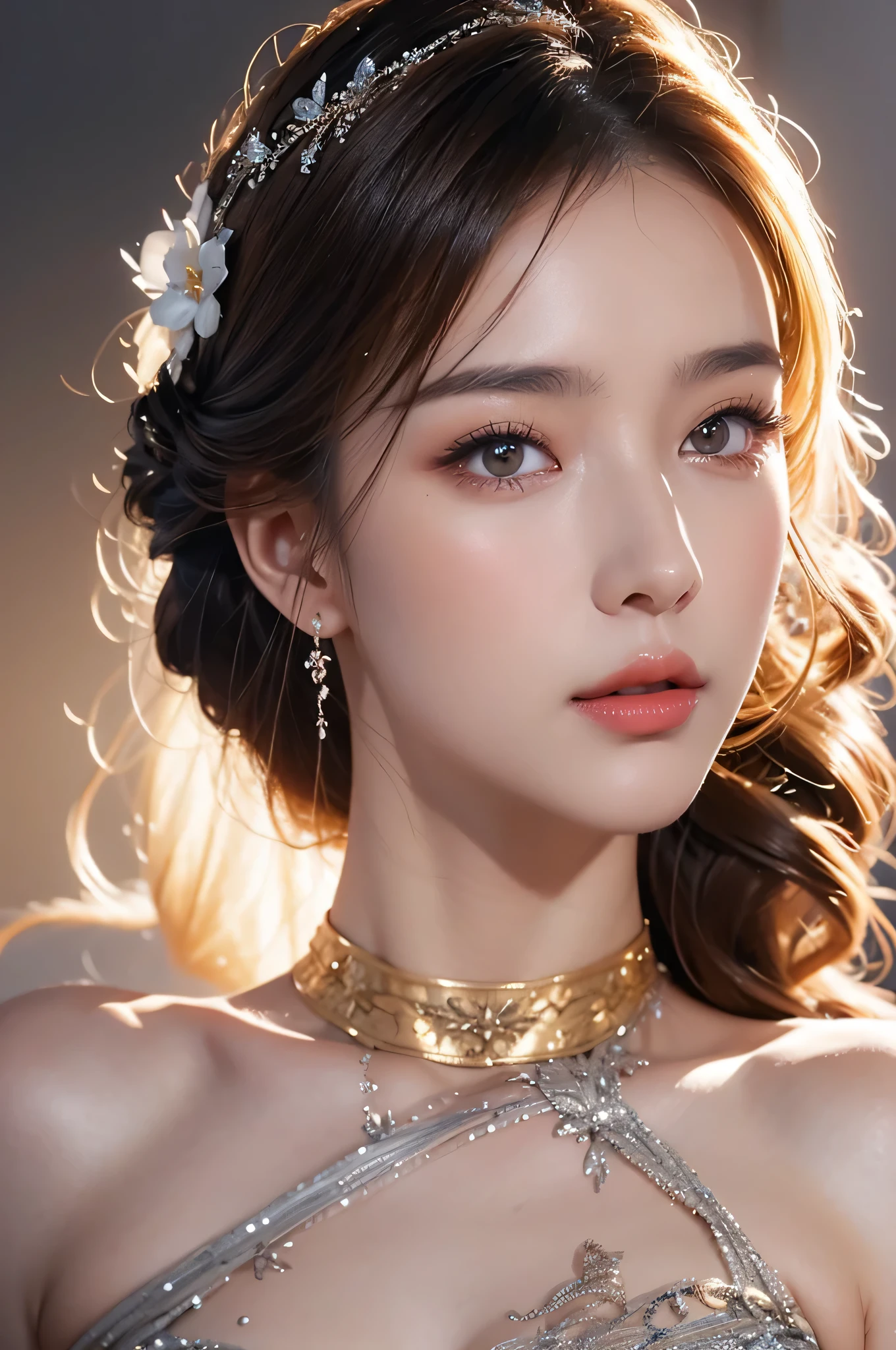 High-quality work,Realistic works,Super premium graphics,8K HD CG works,high quality graphics,High-definition and exquisite CG works,10x pixels,Ultra-fine details:1.1,Advanced technical details:1.1Realistic photo effects,Interior lighting effects:1.5,natural soft light:1.5. Light effect(Virtual light effects:1.8),ultra high resolution,shining dress,sliver long hair,silber hair,transparenthair,high detailed hair(Quality hair details:1.1)Clear eyes,Double eyelids look good,Sharp eye makeup, Create exquisite eyelash makeup, tthin eyebrows, Ultra-detailed eyes,a tall nose, lovely red lips, rosey cheeks, With delicate makeup on her face , pretty face, The face shape is perfectly proportioned,(Advanced facial details:1.1)Close-up of a woman in a platinum gold dress, chengwei pan on artstation, by Yang J, detailed fantasy art, stunning character art, fanart best artstation, epic exquisite character art, beautiful armor, extremely detailed artgerm, detailed digital anime art, artgerm on artstation pixiv, armor girl,Women's artwork,Dress full body video,Realism,Amazing Cleavage,My eyes are very bright today
