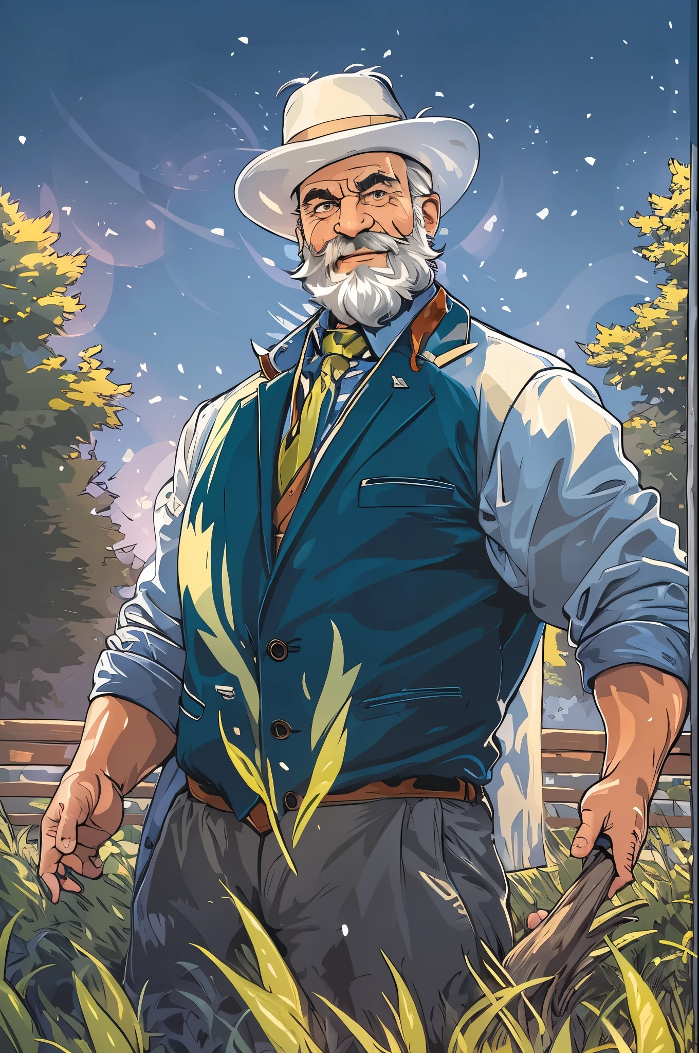 (portrait,elderly man:muscular,hairstyle:white hair,beard,smiling eyes,facial wrinkles), (background:park,green grass,trees,sunlight), (clothing:suits,fancy hat), (style:vector art,mwvector), (season:winter), (vibrant colors:rich blues and whites),(lighting:warm golden sunlight) (best quality,4k,highres), (ultra-detailed), (realistic), (sharp focus)