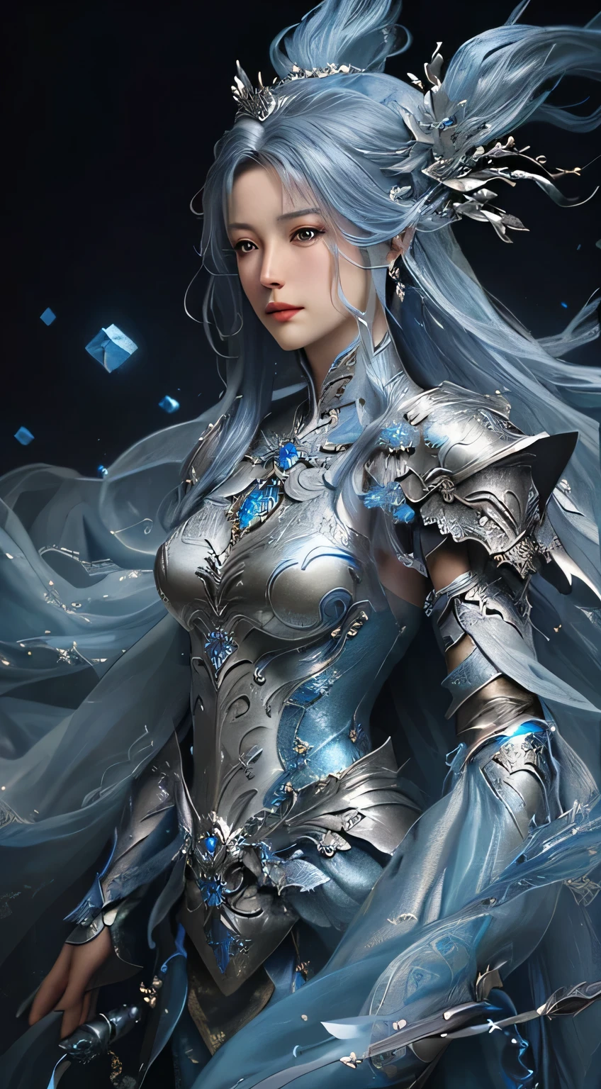 Close up of woman in silver and blue dress, artstation chenwei pang, by yang j, detailed fantasy art, great character art, fan art best art station, magnificent and elaborate character art, beautiful armor, highly detailed art gems, detailed digital animated art, artgerm artstation pixiv, girl in armor, facing front.