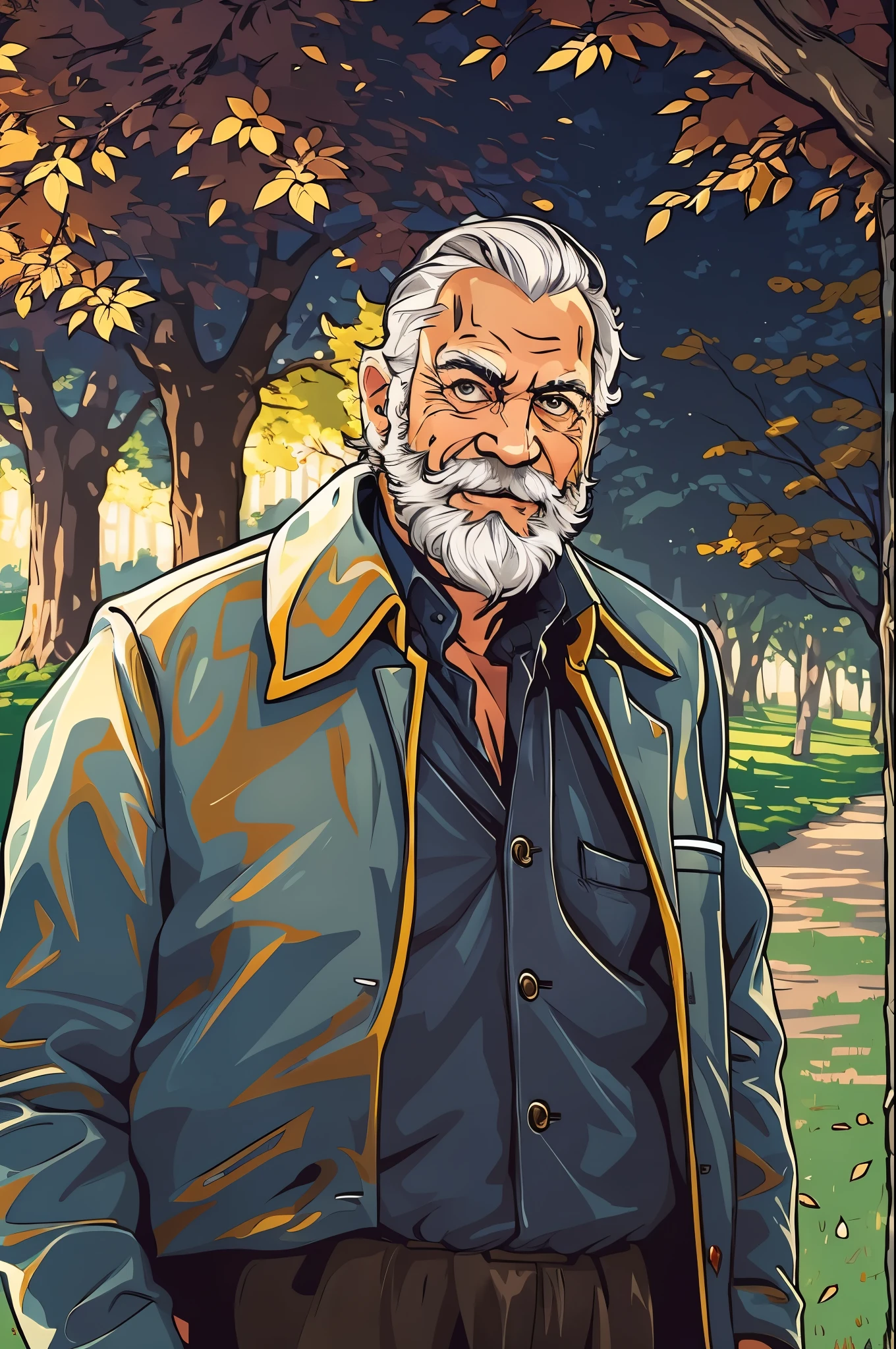 (portrait,elderly man:muscular,hairstyle:white hair,beard,smiling eyes,facial wrinkles), (background:park,green grass,trees,sunlight), (clothing:suits,fancy hat), (style:vector art,mwvector), (season:winter), (vibrant colors:rich blues and whites),(lighting:warm golden sunlight) (best quality,4k,highres), (ultra-detailed), (realistic), (sharp focus)