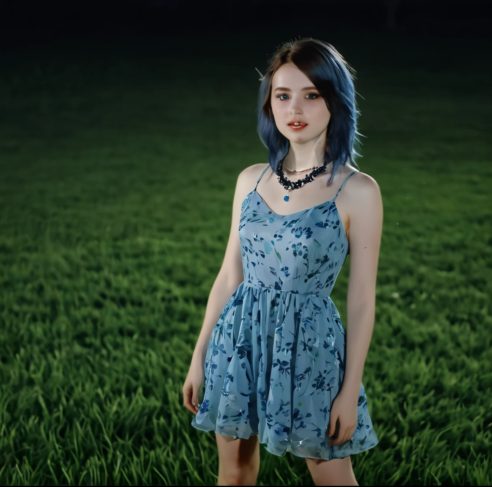 A girl wearing a short dress (just above the knee) standing on green grass. The girl has two black eyes with a light blue color waving within them. She also has hair the same as her eyes and pale white skin. She wears a shiny navy blue necklace (her hair flies in the breeze), while the moonlight makes her eyes shine.