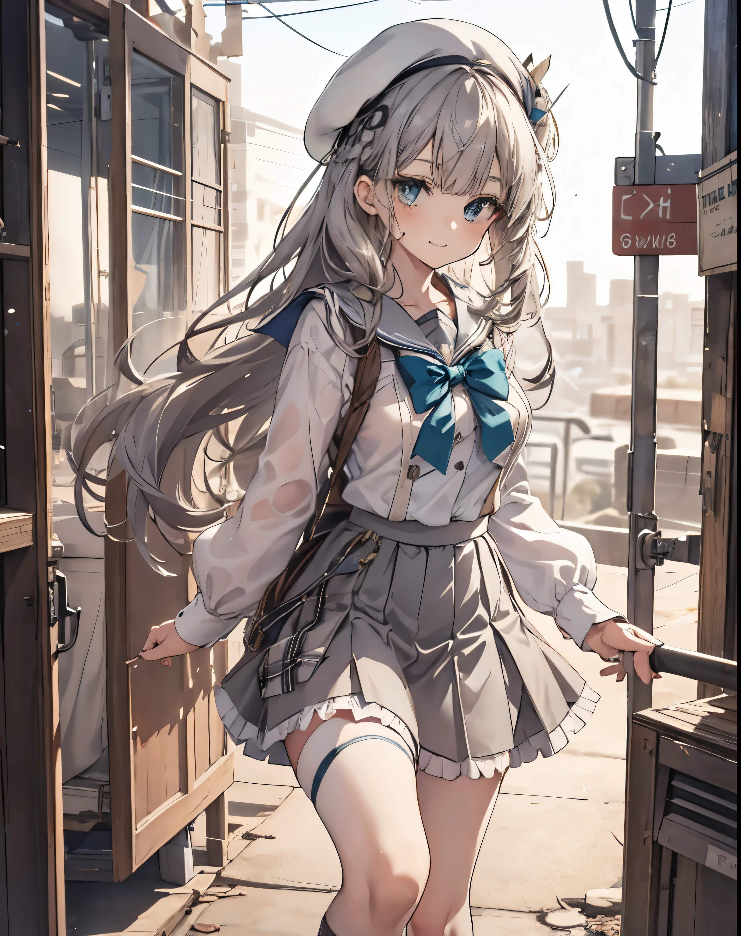 masterpiece, 1girl, sparrow, a silver haired girl, wearing a white sailor clothes, curly long hair, messy hair, slim body, he close her left eye, shirt ornament, aqua eyes, sho show her back, ahoge, , big breast, beautiful breasts, rounded breasts, braid hair, beret, long sleeves, beautiful eyes, white stocking, droopy eyes, miniskirt, grey skirt, plaid skirt, her age is 19 years old, beret, seductive smile, school, bowtie, sailor collar, pleated skirt