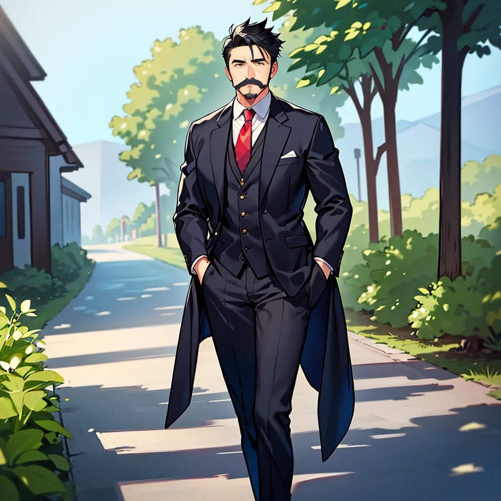A Fine looking Business Man, with a fancy Black Suit, Darker-Grey Pants, Dark-Grey Shoes, Red Tie, Black Hair, and a little Muscle. Emphasis on his Absolute Perfection of Manly mustache, no other facial hair just his mustache. He is standing in a village, in the Philippines. With colorful buildings in the colors Reds, Pinks, Yellows, Blues. built On the side of a large mountain.