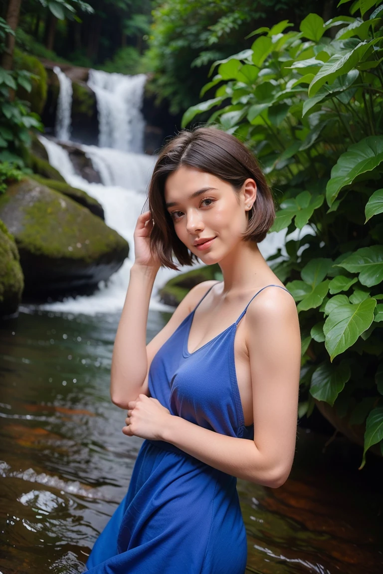 fantasy atmosphere photos、woman wearing a sexy dress、In the forest where a stream flows、looking at the sky and smiling、Detailed photo quality, short hair