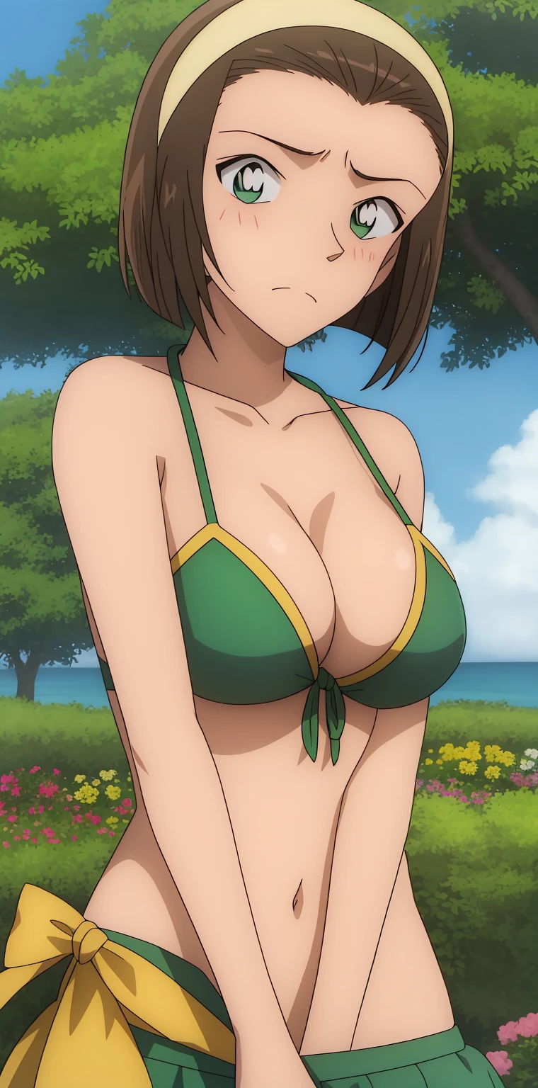 garden、 1人のgirl,一人in,Looking_in_Audience,short_hair,multiple_girl,Brown_hair,green_eye,clavicle,upper_body,hairband,Outdoor,Ocean、Cowboy Shot、Bikini、tits、Sad face、Embarrassing