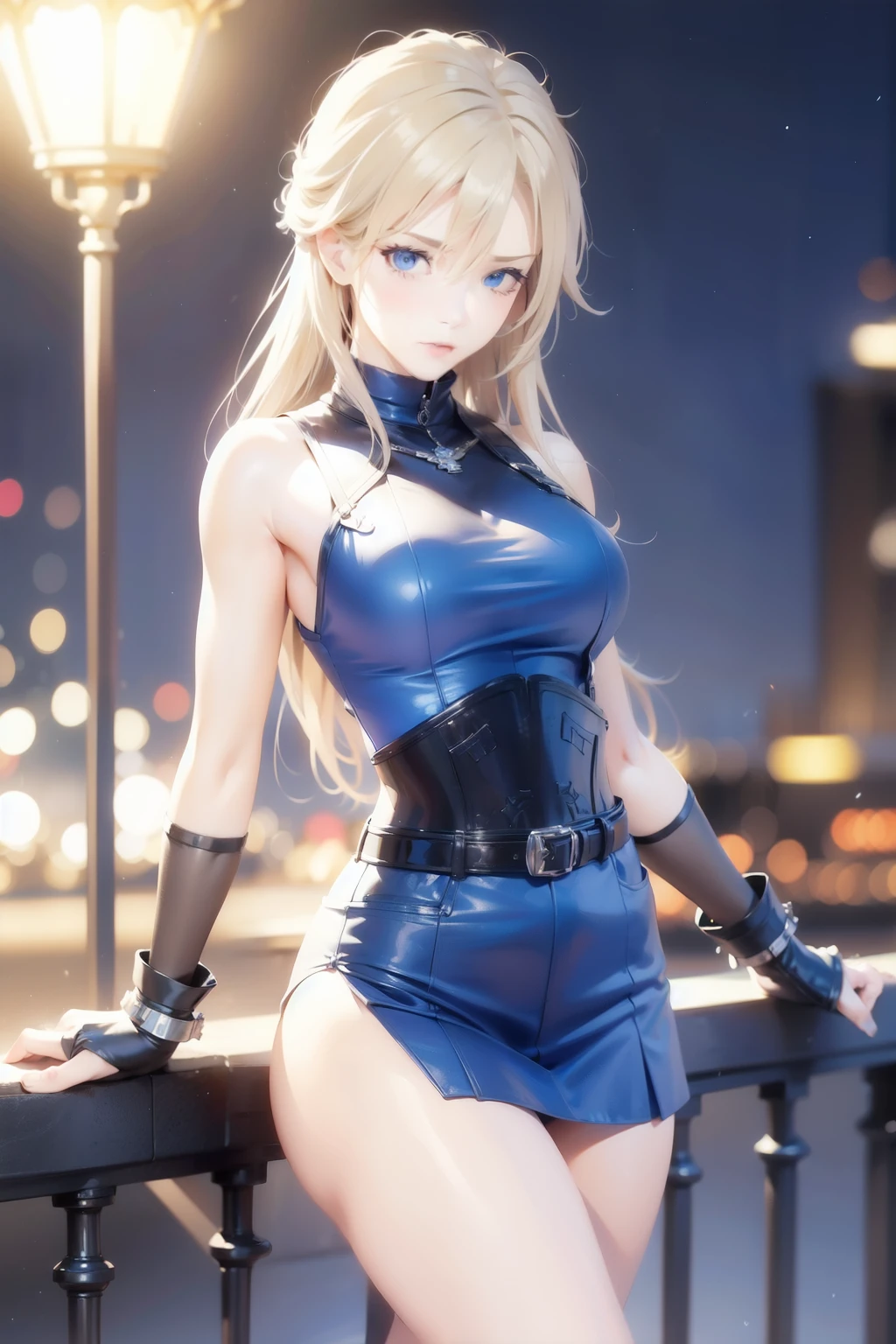 (highest quality:1.4), High resolution, masterpiece, 4K, Very detailed, Intricate details, 1. Blonde girl, Long Hair, blue eyes, very cute, Happy, blush, (Latex blouse:1.4), (Miniskirt Latex:1.4), (Latex stockings:1.4), (Small, round breasts:1.4), Cleavage, Are standing, whole body, Looking at the audience, Outdoor, night, Starry Sky,
