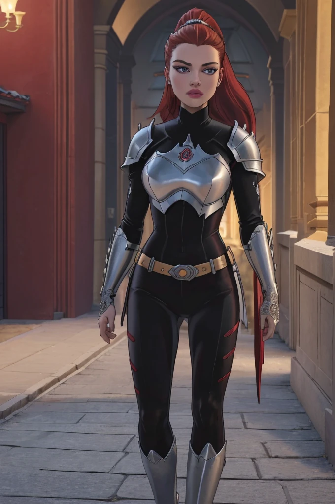 (8K, best quality:1.2), (masterpiece:1.37), (photo, photorealistic:1.37), (ultrahigh-res), full body, walking pose, shot from front, slow motion, female paladin wearing the full body, (light silver armour:1.2),(ornately decorated armor), (insanely detailed, bloom:1.5), (highest quality, Alessandro Casagrande, Greg Rutkowski, Sally Mann, concept art, 4k), (analog:1.2), (high sharpness), (detailed pupils:1.1), detailed face and eyes, Masterpiece, best quality, (highly detailed photo:1.1), (long red Hair, ponytail,ecstatic:1.1), (young woman:1.1), sharp, (perfect body:1.1), realistic, real shadow, 3d, (temple background:1.2), (by Michelangelo), photographed by Canan EOS R6, 135mm, 1/1250s, f/2.8, ISO 400, red hair, lovely lips, dark_black_silver_amor , scary armor