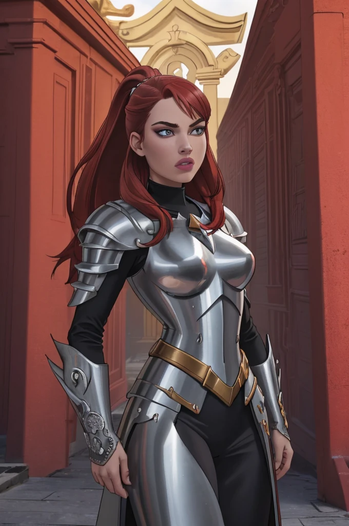 (8K, best quality:1.2), (masterpiece:1.37), (photo, photorealistic:1.37), (ultrahigh-res), full body, walking pose, shot from front, slow motion, female paladin wearing the full body, (light silver armour:1.2),(ornately decorated armor), (insanely detailed, bloom:1.5), (highest quality, Alessandro Casagrande, Greg Rutkowski, Sally Mann, concept art, 4k), (analog:1.2), (high sharpness), (detailed pupils:1.1), detailed face and eyes, Masterpiece, best quality, (highly detailed photo:1.1), (long red Hair, ponytail,ecstatic:1.1), (young woman:1.1), sharp, (perfect body:1.1), realistic, real shadow, 3d, (temple background:1.2), (by Michelangelo), photographed by Canan EOS R6, 135mm, 1/1250s, f/2.8, ISO 400, red hair, lovely lips, dark_black_silver_amor , scary armor
