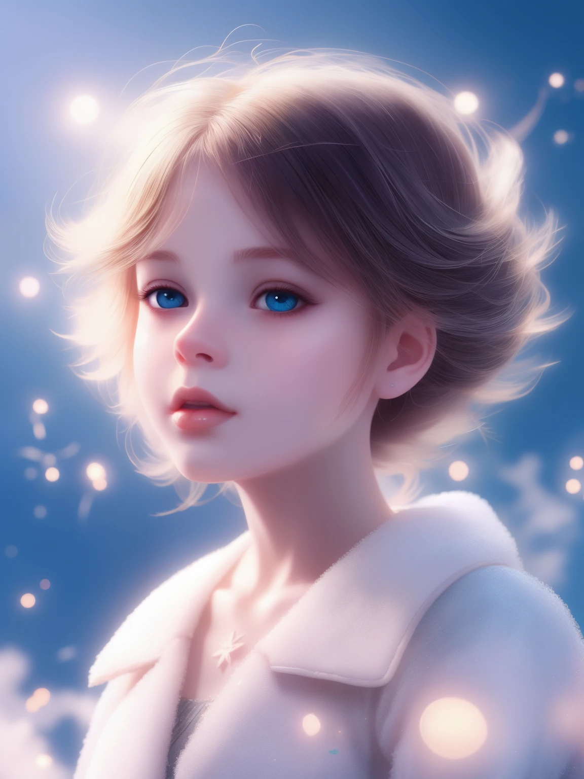 (best quality,4K,8k,high resolution,masterpiece:1.2), The girl in the clouds has hair as fluffy as clouds, tiny stars, fantasy illustrations, Dreamy colors, Children&#39;s illustration style.Vibrant colors