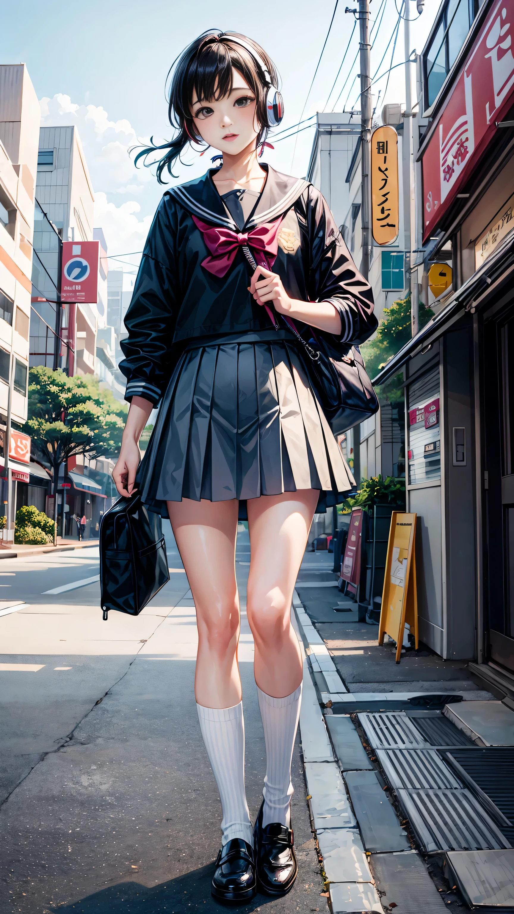 (masterpiece), (highest quality:1.4), (Ultra-high resolution:1.2),  Highly detailed background, (unity 8k wallpaper), Cute high school girl walking through the streets of Tokyo with headphones on。Illustrations inspired by city pop culture、Sailor suit、Wear loose socks for a stylish and nostalgic look、************、Tall