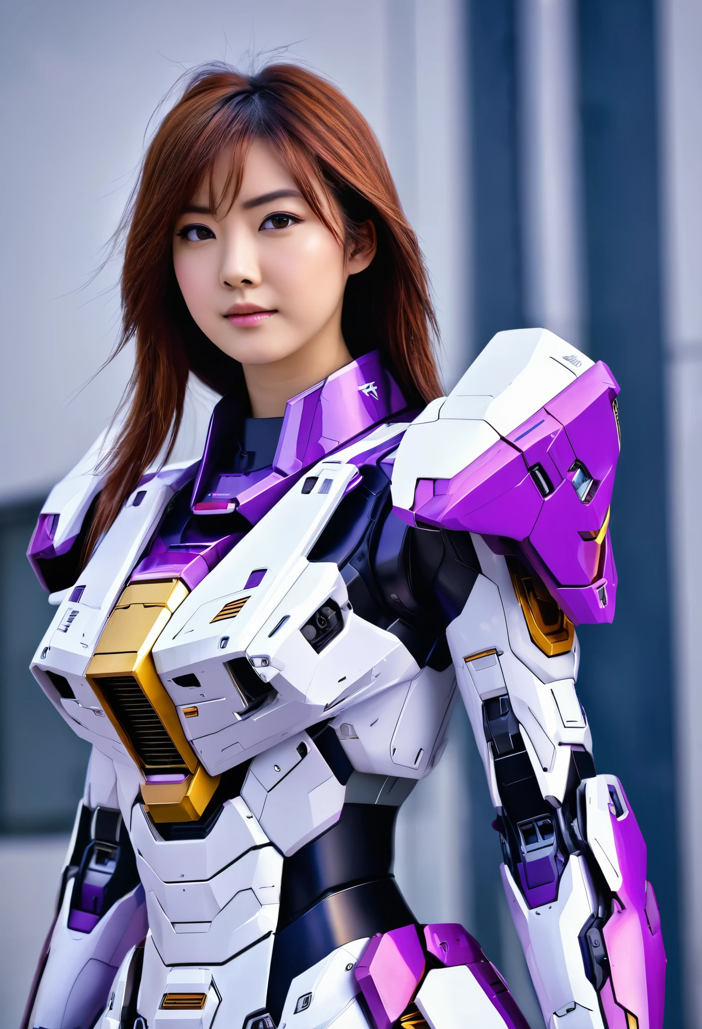 RAW, Masterpiece, Ultra Fine Photo,, Best Quality, Ultra High Resolution, Photorealistic, Sunlight, Full Body Portrait, Stunningly Beautiful,, Dynamic Poses, Delicate Face, Vibrant Eyes, a full body of a woman in a purple and white gundam custume, dybamic pose, long brown very very long hair rapunzel, girl in mecha cyber armor, portrait armored astronaut girl, d. va from overwatch, female mecha, on a gundam, gundam head, chiho aoshima color scheme, mobile suit, streamlined purple armor, fully robotic!! girl, realistic cosplay, gundam armor , full body, sit down, full body