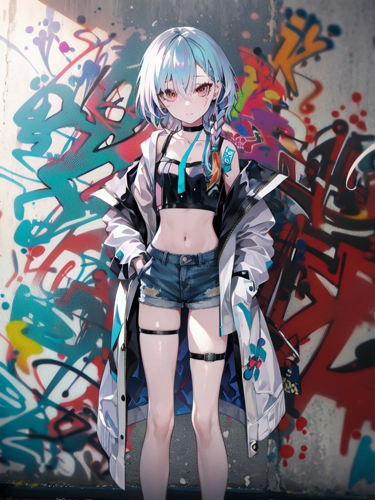 (best quality,1 woman,alone),(striped hair:white),(crop top:white),(sukajan coat),(dark denim shorts),(choker),(graffiti:1.25),(splash of color),(nonsense),(lean back),(leaning against the wall),(tilt to the side:0.125),(watch the audience),(armband),(thigh strap),(paint on body),(eyes aimed upwards),(heading down),(tilt your head),(from the side:0.9),(expressionless:0.75),(hand into pocket)