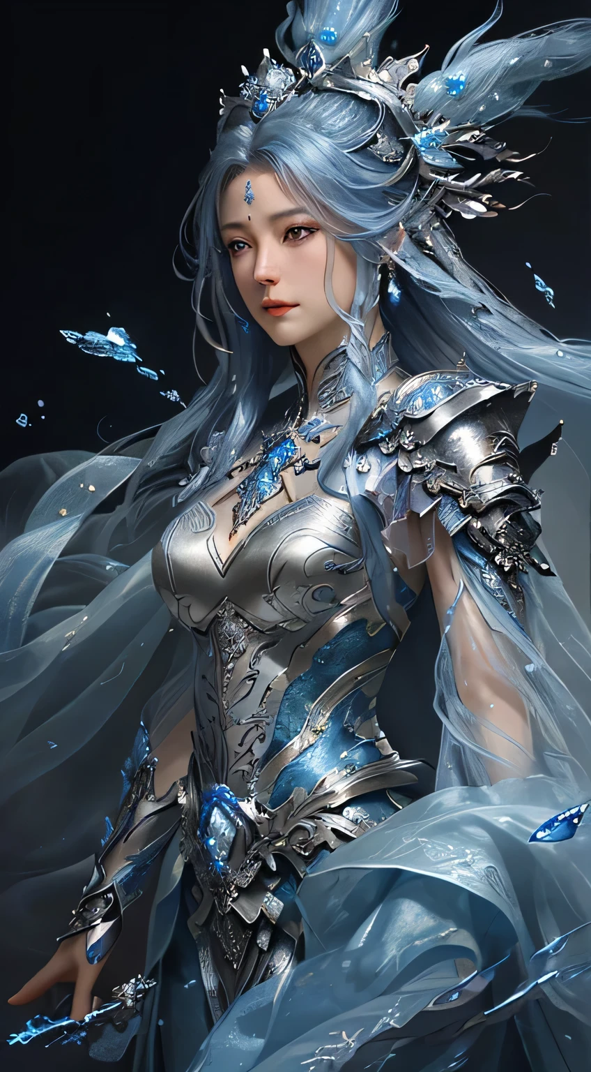 Close up of woman in silver and blue dress, artstation chenwei pang, by yang j, detailed fantasy art, great character art, fan art best art station, magnificent and elaborate character art, beautiful armor, highly detailed art gems, detailed digital animated art, artgerm artstation pixiv, girl in armor, facing front.