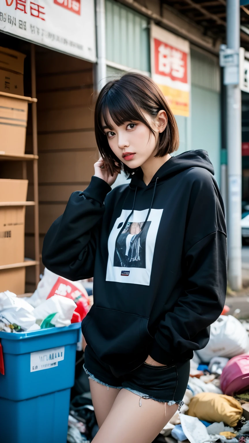 18-year-old,Korean women,(((Facing forward))),(((Frowning,カメラをGlaring))),(Very fine eye), (((Wearing a black hoodie))),((photograph)),((Woman in a trash dump)),(((Fabric Shading))), (((highest quality))), (((masterpiece))) strong girl, ((((Realistic)))), I have a card,Black Hair, chic hairstyle, ((With bangs,Straight medium bob cut, nice hair)), Light makeup,Red eyes, I&#39;m not wearing lipstick,(((Retro-futuristic outfits))), (nice, strong), Strong night atmosphere,  Centered Images, Focus on the camera, Elegant colors,Realistic Skin,Realistic texture,８k,whole body,Pale skin, (((Dirty garbage dump))),A huge amount of trash,Red iris,Expressionless,Glaring,Perfect Face,(((Big eyes))),She is wearing wide black pants,Mouth closed, portrait of aespaのウィンター,She is wearing black streetwear, Woman in black streetwear, 黒いハイテクな服を着た女性のphotograph, Girl wearing black hoodie, Cyberpunk Streetwear, Cyberpunk Streetwear street fashion e-girl,