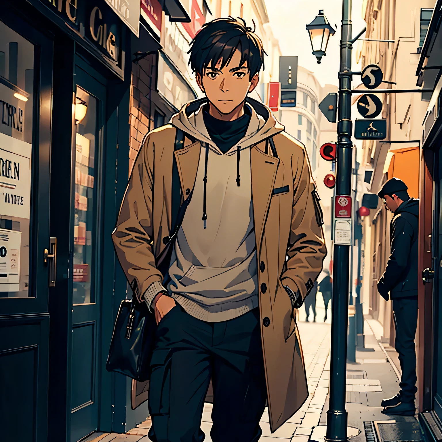 A man wearing a beige hoodie, a dark tan overcoat and a black cargo pant. Exiting from a cafe