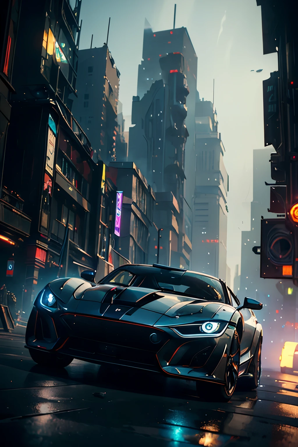 (Masterpiece, High Definition), (Sleek sports car:1.5), Cyberpunk Scene, (Metallic sheen, Reflective surface), (Detailed body lines, Realistic texture), (Highly-detailed environment:1.0), Gothic architecture, Neon lights, Smoke and haze, (Dynamic lighting, Multiple light sources), (Realistic shadows, Depth of field), (Detailed engine parts, Sparkling exhaust), (Futuristic cityscape, Cybernetic elements), (Next-generation graphics, 8K resolution), Award-winning, (Motion blur, Depth perception), (Expert 3D modeling,