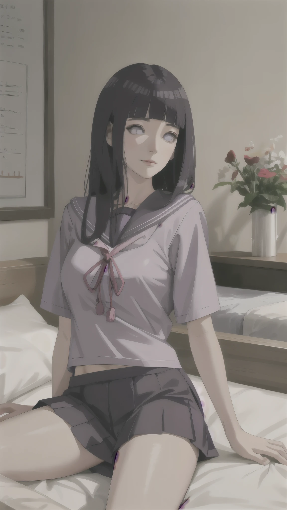 highres, ultra detailed), masterpiece, hinata\(boruto\), solo, 1girl,medium breasts, (((high school))), ((((high school attire)))), smile, (((long hair))), blink blink effect, (((detailed lips))), knee crop, school building, from side, (((dark purple hair))) lying in bed, looking at someone far away, cute face, young, (((white top))), open legs, sexy, sweaty, moaning
