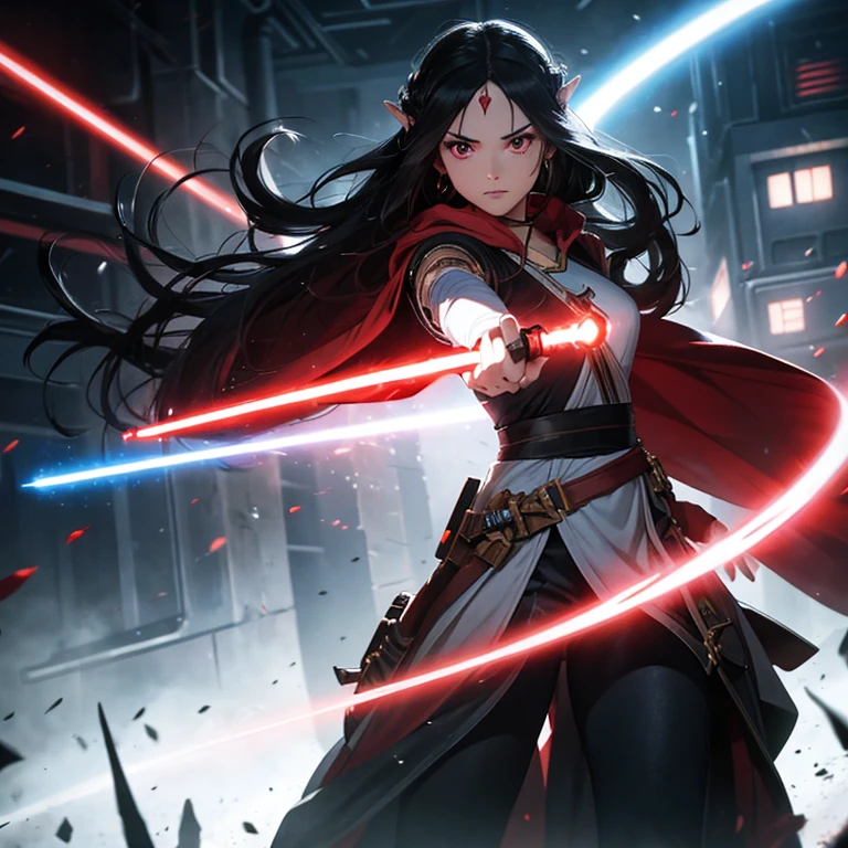 A full-body shot of Princess Zelda, black hair, red eyes, dressed as Rey Skywalker, 30 years old, mature, XL bust, gripping a one red light saber in only one hand, wearing a black cloak with red details, fighting, in a battle stance, Background: Inside the death star space station, Unreal Engine 5, Anime, Anime style, Masterpiece, Well drawn eyes, well drawn face, well detailed eyes, well detailed face, 8k, light and shadow effect.