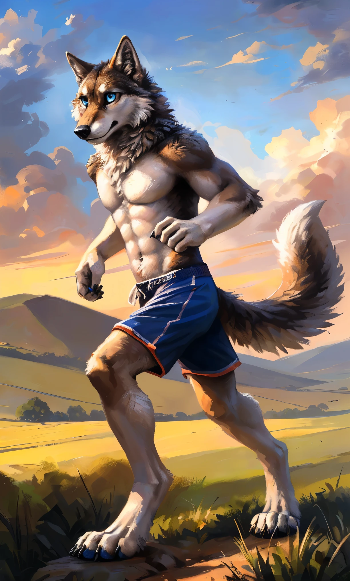 ((Solo)), male people, anthro wolf, (Multi-colored fur, White-brown:1.3，White tail pointed), (Height 2.1m,Tail length 1.2m), ((Wolf face, Big eyes, White eyelids, Blue pupil, Slim:1.2) (Tough, Calm expression:1.2)), Abs, Slim, pinging)), (Correct anatomy), (Work shorts:1.1), The upper body  naked, (detailed outfits),A long big tail，Feet，(Realistic fur, Detailed fur texture, labeled:1.3)), (Natural lighting), Photorealistic, Hyperrealistic, ultradetailed, by Kenket，Field，erect through，Running on