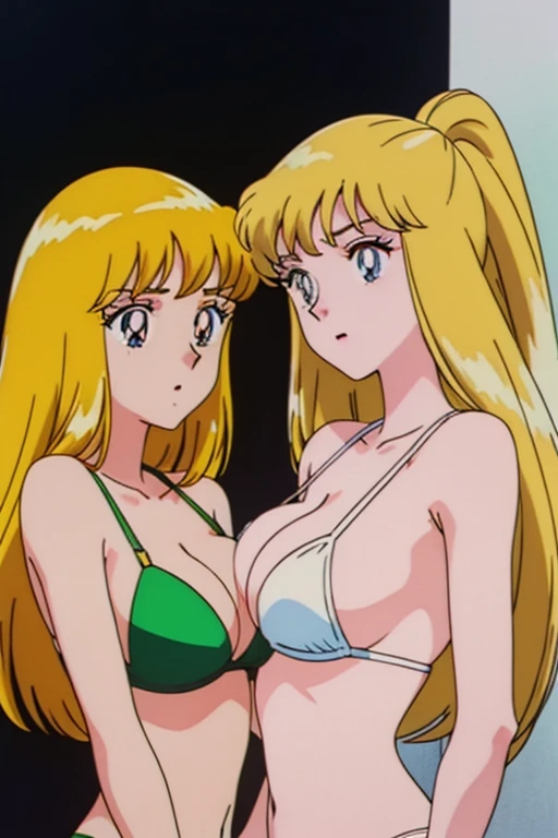(anime cels style, Masterpiece, best quality, high resolution, anime colored, megami magazine:1.2, anime poster style, anime keyvisual, sharp, 8k, photorealistic), (beautiful eyes:1.5), reiko_aiwaifu, 1woman, milf, blond hair, long hair, (sagging huge breast), micro bikini, cleavage, (upper body:1.5), standing, (perfect detailed anatomy, perfect arms, perfect fingers, beautiful face, perfect body, shiny skin), (simple background:1.5),