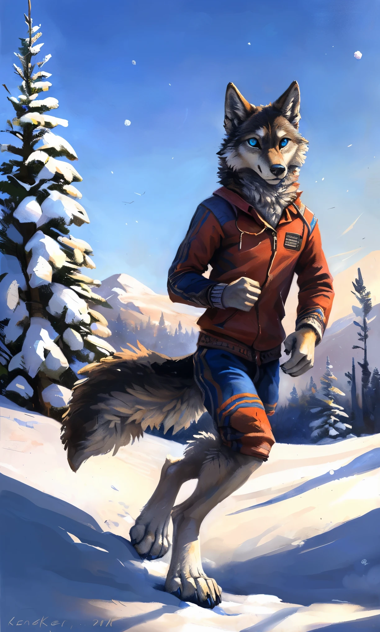 ((Solo)), male people, anthro wolf, (Multi-colored fur, White-brown:1.3，White tail pointed), (Height 2.1m,Tail length 1.2m), ((Wolf face, Big eyes, White eyelids, Blue pupil, Slim:1.2) (Tough, Calm expression:1.2)), Slim, pinging)), (Correct anatomy), (Winter clothing:1.1), The upper body  naked, (detailed outfits),A long big tail，Feet，(Realistic fur, Detailed fur texture, labeled:1.3)), (Natural lighting), Photorealistic, Hyperrealistic, ultradetailed, by Kenket，Snowfield，erect through，Running on