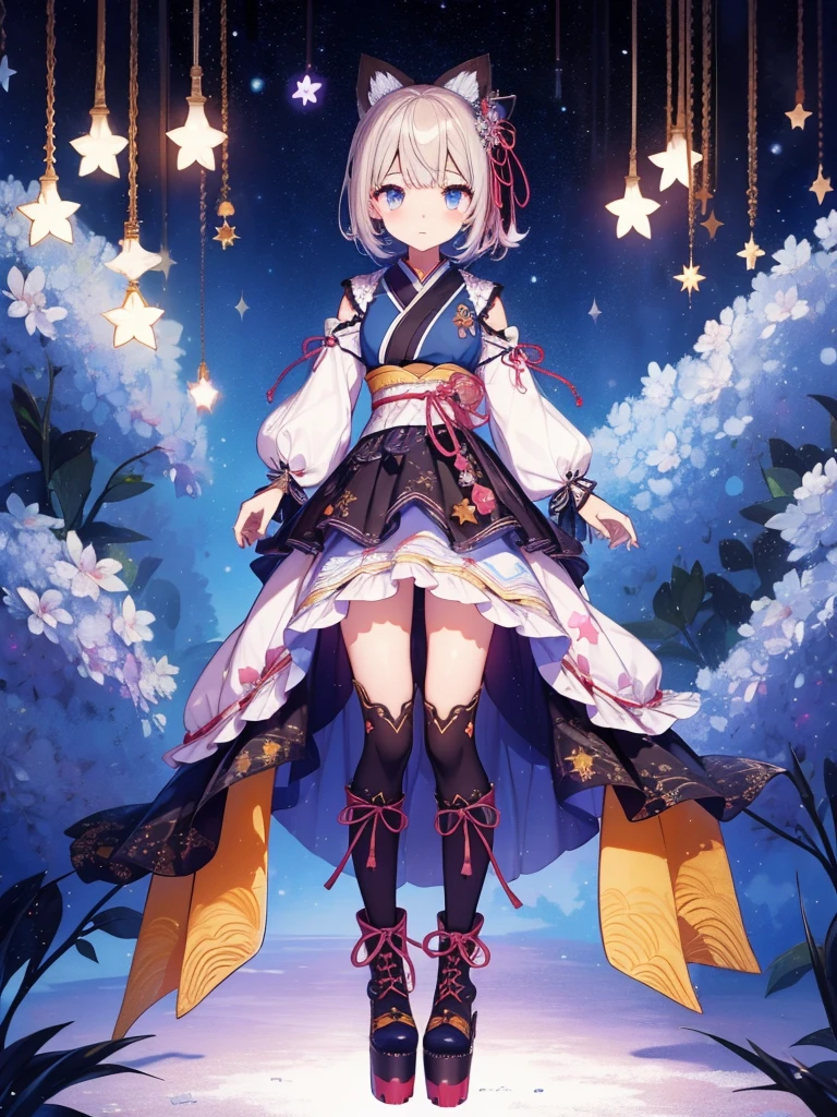 1girl、vtuber-fullbody、8K、Star Fairy、Masterpiece、Official Art、Super detailed、super beautiful、かわいいStar Fairy、white straight short hair、Milky Way、universe、star charm、Star、Baby Face、Knee-high boots、Japanese pattern dress、浴衣をリメイクした黒と紺色のuniverseを思わせるOiranフリルドレス、universeを思わせるOiranフリルドレス、Oiran