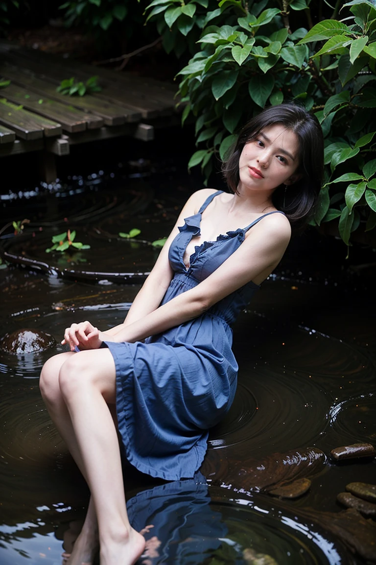 fantasy atmosphere photos、woman wearing a sexy dress、In the forest where a stream flows、looking at the sky and smiling、Detailed photo quality, short hair 