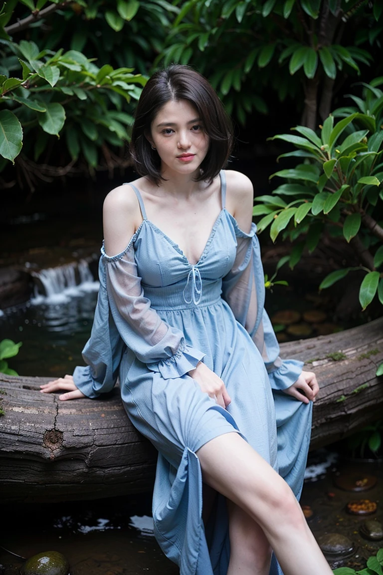 fantasy atmosphere photos、woman wearing a sexy dress、In the forest where a stream flows、looking at the sky and smiling、Detailed photo quality, short hair 