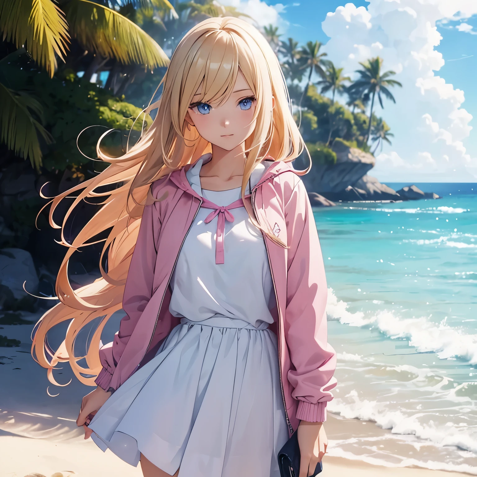 Anime girl with long blonde hair and dark blue eyes. She is wearing a pink jacket and white skirt. She is in love with you. Beautitiful beach city background
