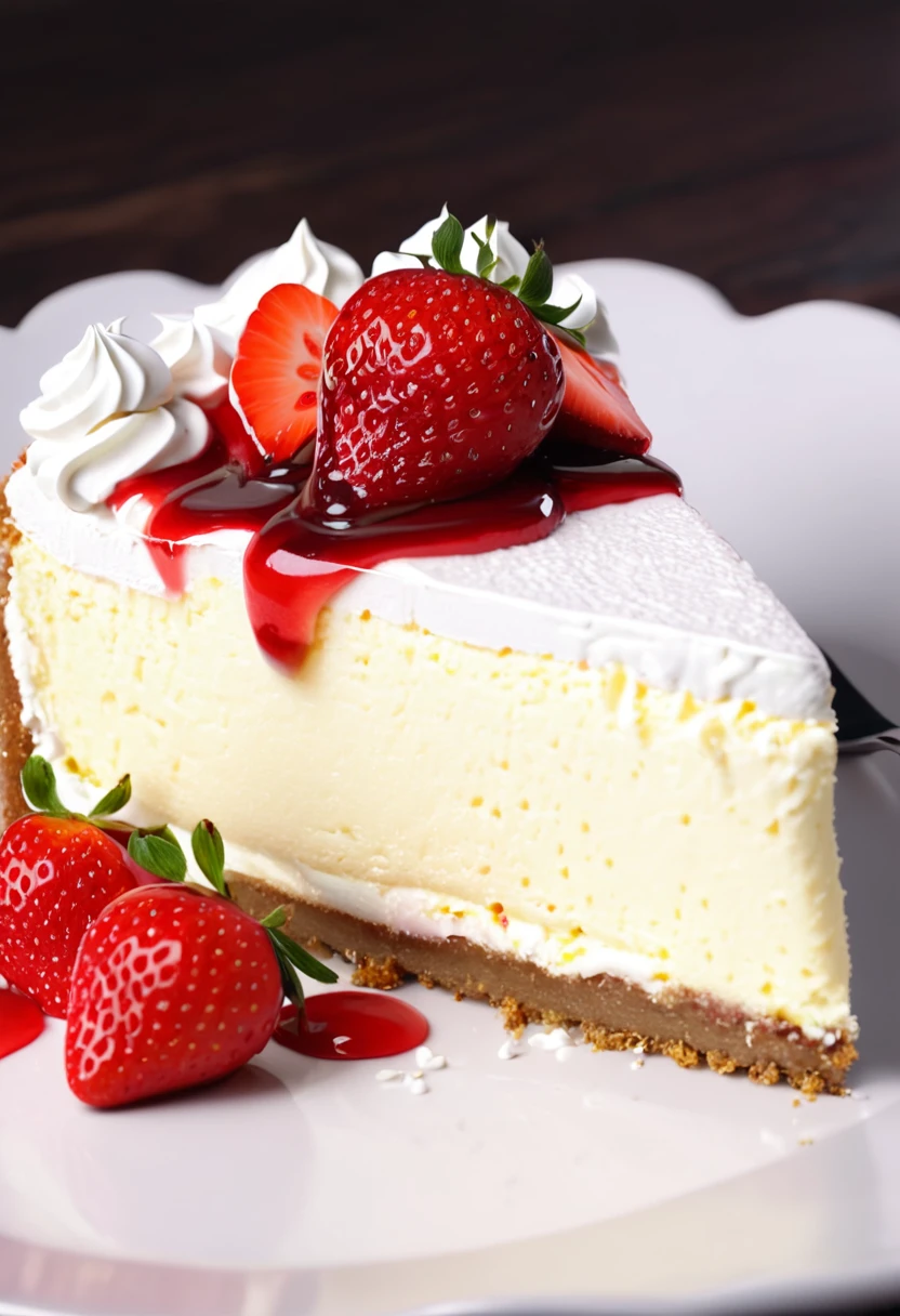 Masterpiece, High Quality, Top Quality, Cheesecake Food Photo, Whipped Cream, Strawberry Topping, Ultra Realistic, 8K, Cinematic Light