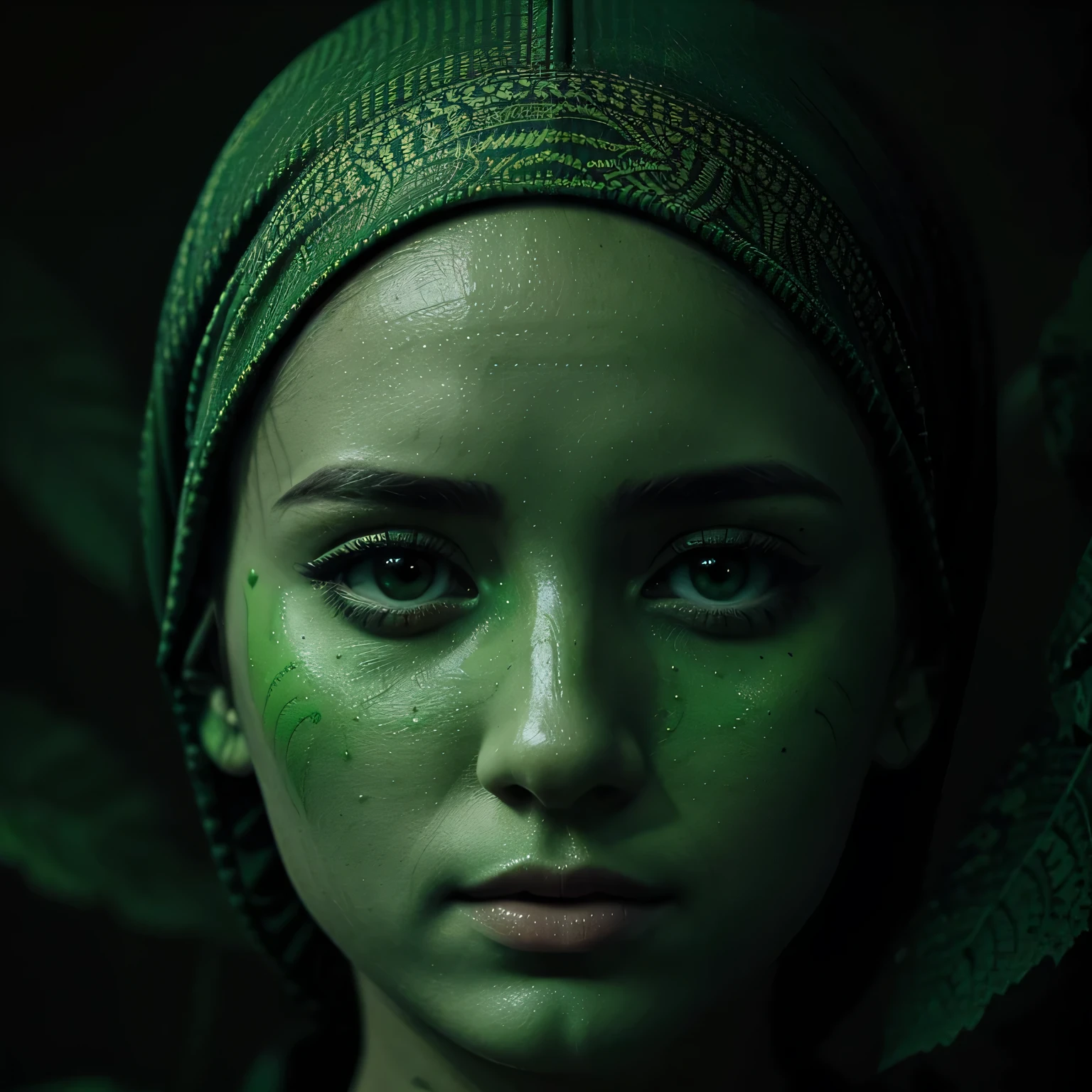 Create an artistic and aesthetic art by sketching a leaf with intricate girl with hijab, patterned veins, using a complementary green color palette and precise execution to enhance its visual appeal. ultra realistic, black background, hyper details, cinematic, hidden art style,