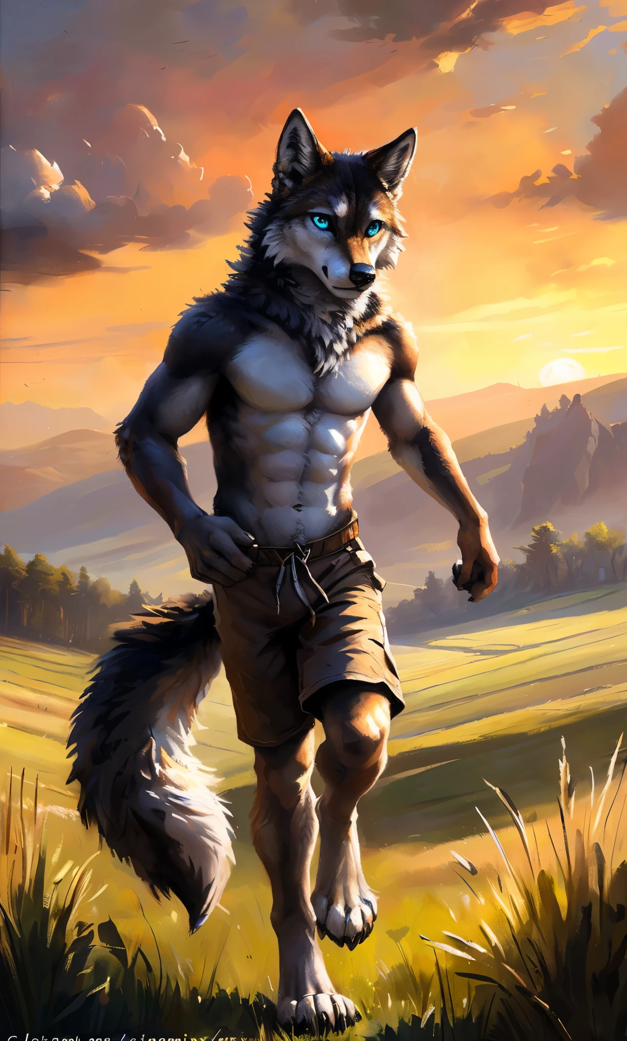 ((Solo)), male people, anthro wolf, (Multi-colored fur, White-brown:1.3，White tail pointed), (Height 2.1m,Tail length 1.2m), ((Wolf face, Big eyes, White eyelids, Blue pupil, Slim:1.2) (Tough, Calm expression:1.2)), Abs, Slim, pinging)), (Correct anatomy), (Work shorts:1.1), The upper body  naked, (detailed outfits),A long big tail，Feet，(Realistic fur, Detailed fur texture, labeled:1.3)), (Natural lighting), Photorealistic, Hyperrealistic, ultradetailed, by Kenket，Field，erect through，Running on