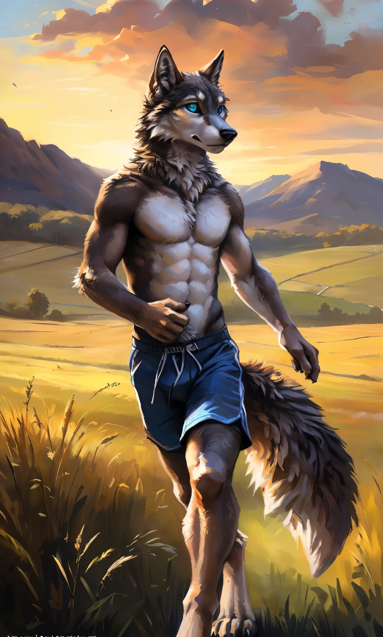 ((Solo)), male people, anthro wolf, (Multi-colored fur, White-brown:1.3，White tail pointed), (Height 2.1m,Tail length 1.2m), ((Wolf face, Big eyes, White eyelids, Blue pupil, Slim:1.2) (Tough, Calm expression:1.2)), Abs, Slim, pinging)), (Correct anatomy), (Work shorts:1.1), The upper body  naked, (detailed outfits),A long big tail，Feet，(Realistic fur, Detailed fur texture, labeled:1.3)), (Natural lighting), Photorealistic, Hyperrealistic, ultradetailed, by Kenket，Field，erect through，Running on